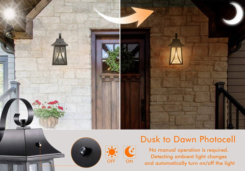 Dope Outdoor Wall Lantern 120V With Dusk To Dawn Photocell showcasing automatic light sensor on exterior stone wall