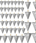 18 Piece Pyramid Fishing Weights Set, 8 Oz Triangle Sinkers For Saltwater, Surf, And Bass Casting Gear arranged in rows.
