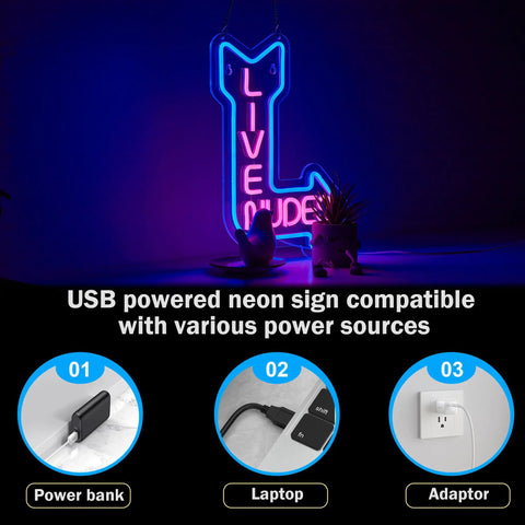 Neon Sign Wall Decor For Man Cave Bar Hangout Beer Lover Vibes LED Neon Light With Dimmer Flexible Silicone Strip On Clear Board USB Powered 15 X 13 Inch Sign displayed with power sources.