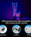 USB-powered Romantic Neon Sign For Wall Decor with multiple power source options shown: power bank, laptop, and adaptor.