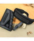 Durable Leather Rifle Stock Cover With Built In Recoil Pad And Cartridge Sling For Calibers Including .357 .30-30 .45-70 Mag .22LR .22 Mag .17 HMR And 12 Gauge Shotguns Black Set, shown with detachable sling on a beige surface.
