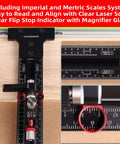GOINGMAKE track saw parallel guide system with micro adjustable flip stop on metal guide rail and red knobs.