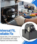 4.7 Ohm 1 Pin PTC Start Relay With Refrigerator Overload Protector being installed in compressor, tool set visible