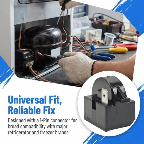 4.7 Ohm 1 Pin PTC Start Relay With Refrigerator Overload Protector being installed in compressor, tool set visible
