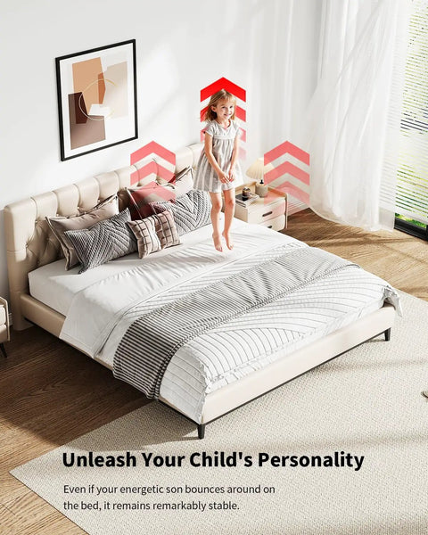 Heavy Duty Queen Bed Frame Sag Saver Center Support Cross Bars Steel Reinforcement Kit in a room with child jumping on bed.