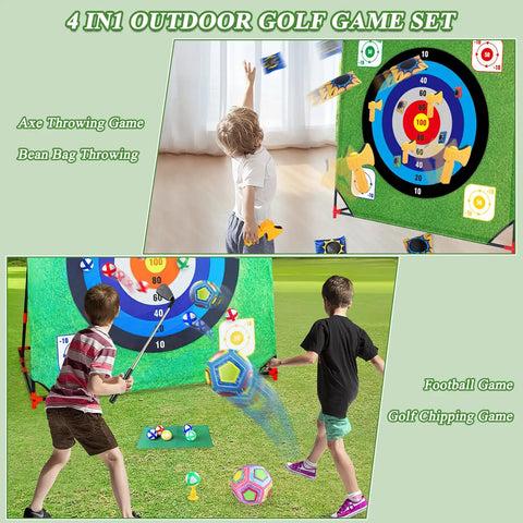 Two children play Ultimate Outdoor Golf Chipping Game With Stand And Putting Mat, showcasing target axes and sticky balls outdoors.