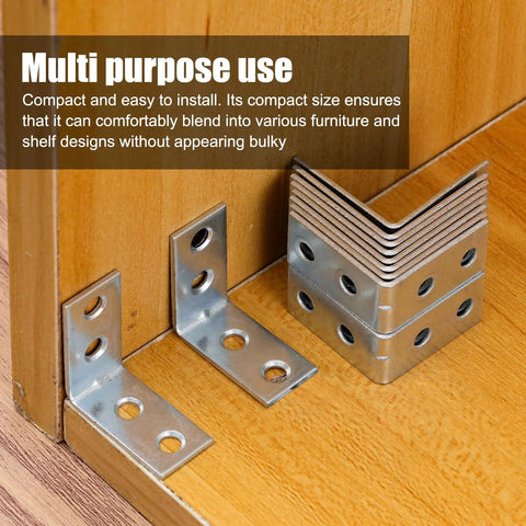10 Pieces Iron Right Angle Corner Brackets For Furniture Cabinets Tables And Chairs Connectors Fasteners Hardware Accessories Durable 90 Degree Support For Shelves Frames And Projects stacked and installed on wood surface.