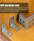 10 Pack Right Angle Corner Brackets for Furniture and Cabinets, iron joint fasteners, shown with stacked and installed pieces.