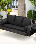 Wicker Hanging Porch Swing For Outdoor Patio 3 Seat Bench With Cushions And Chains Cup Holder Garden Yard Lawn Black Brown Rattan Weatherproof Steel Frame