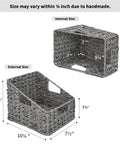 Two Pack Wicker Storage Baskets With Handles Odorless Waterproof Trapezoid Bins For Organizing Photos Books And More In Gray with size dimensions shown