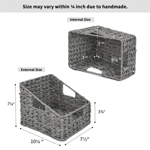 Two Pack Wicker Storage Baskets With Handles Odorless Waterproof Trapezoid Bins For Organizing Photos Books And More In Gray with size dimensions shown