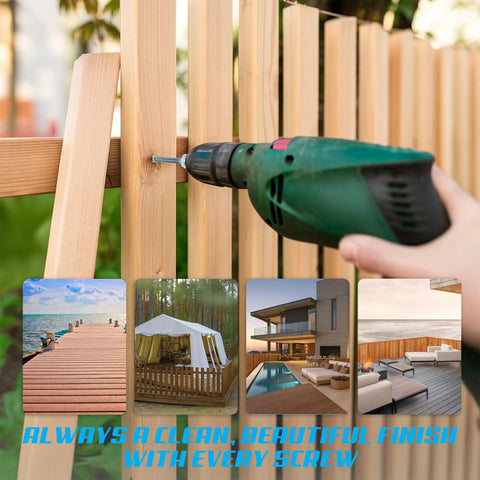 Person using drill to install 304 Stainless Steel Wood Screws 1 5 Eighth Inch Flat Head Torx T20 Drive Pro Grade Small Deck And Fence Screws 350 Pack Corrosion Resistant Rust Proof Outdoor Woodworking Includes Driver Bit on fence