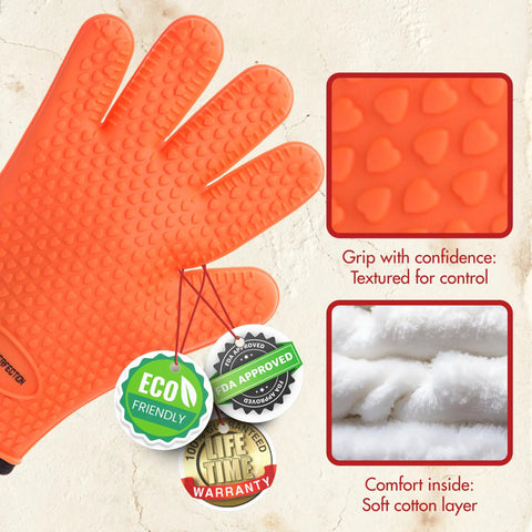 Silicone Pizza Oven Gloves That Handle 500F Like A Boss Waterproof Oven Mitts with non-slip grip and soft cotton inner layer.