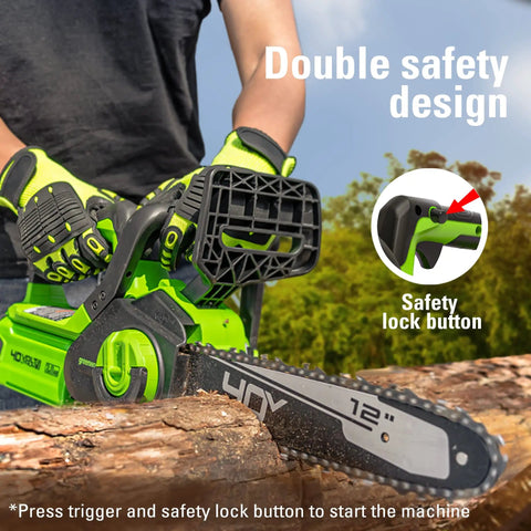 Person using 40V Cordless 12 Inch Compact Chainsaw Tool Only For Storm Cleanup Pruning And Camping Homeowner Friendly