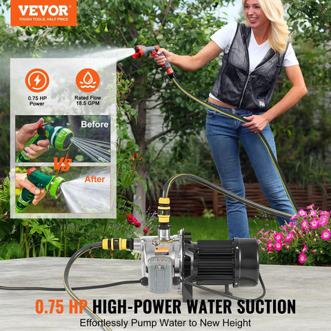 Woman using Beefy Three Quarter HP SUS304 Stainless Shallow Well Jet Pump 115V 18.5 GPM 131 Ft Head for garden irrigation