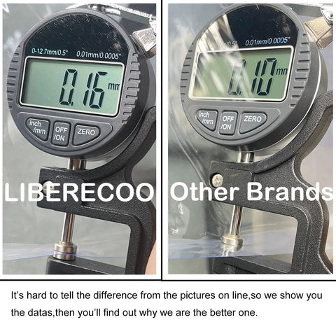 Digital calipers measuring vinyl tablecloth thickness, comparison between LIBERECOO and other brands