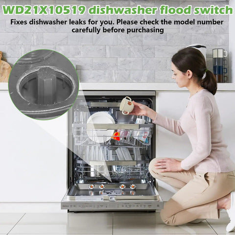 Woman inspecting dishwasher with WD21X10519 flood switch assembly for ADT CDT DDT ZDT Hotpoint RCA models.