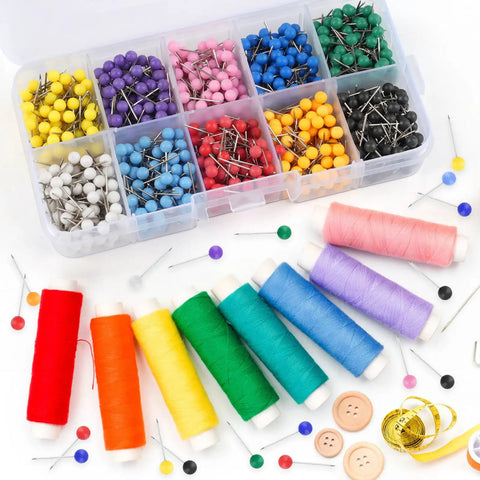 Total Game Changer 1000 Piece Assorted Color Map Push Pins For Travel World Map Markers And Wall Decoration Compact Size Thumbtacks With Slick Storage Box featuring colorful push pins and thread spools.