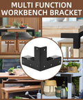 Heavy Duty Steel Corner Support Brackets For Work Bench And Diy Shelving Right Angle L Brackets With Black Powder Finish shown in multiple furniture settings.