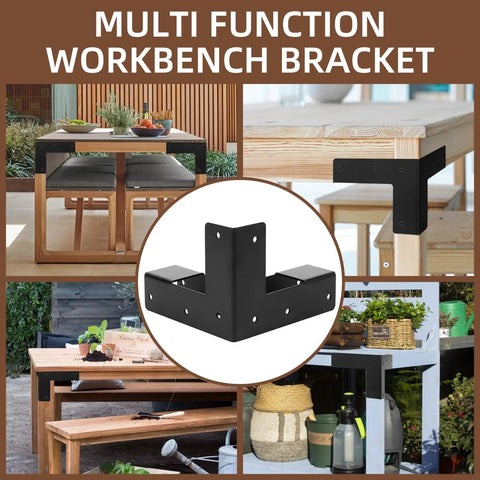 Heavy Duty Steel Corner Support Brackets For Work Bench And Diy Shelving Right Angle L Brackets With Black Powder Finish shown in multiple furniture settings.