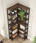 Seven Tier Corner Shelf Industrial Bookcase Crafted Tough To Clear The Decks Of Clutter While Holding Down All Your Gear And Keeping Every Nook Looking Sharp And Tidy, featuring multiple shelves filled with books and plants.