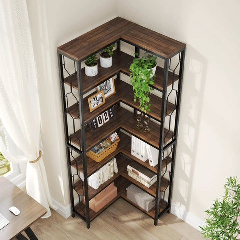 Seven Tier Corner Shelf Industrial Bookcase Crafted Tough To Clear The Decks Of Clutter While Holding Down All Your Gear And Keeping Every Nook Looking Sharp And Tidy, featuring multiple shelves filled with books and plants.