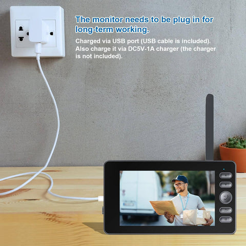Wireless Video Doorbell With 4.3 Inch Screen And 170 Degree View No Subscription shown charging on table