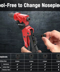 Heavy Duty Pop Rivet Gun Tool Kit With 360 Degree Swivel Head For Tight Spaces Includes 200 Aluminum Rivets, 4 Drill Bits, 4 Nosepieces, And Rugged Carry Case All In One Riveting Set For Auto Body, DIY, And Metalwork showing tool-free nosepiece change.