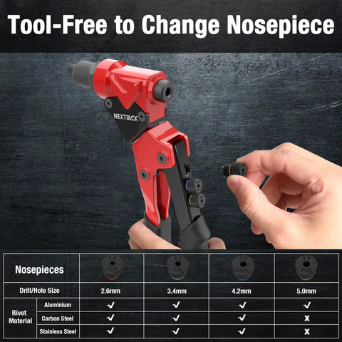 Heavy Duty Pop Rivet Gun Tool Kit With 360 Degree Swivel Head For Tight Spaces Includes 200 Aluminum Rivets, 4 Drill Bits, 4 Nosepieces, And Rugged Carry Case All In One Riveting Set For Auto Body, DIY, And Metalwork showing tool-free nosepiece change.