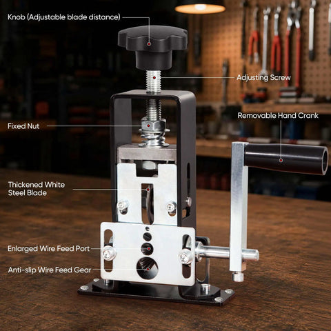 Straight Up Manual Wire Stripping Machine For Copper Cable showing adjustable knob, steel blade, and removable hand crank.