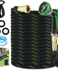 FlexiSolve garden hose 100 ft, non-expandable, black with green pattern, includes 10-pattern spray nozzle and brass fittings.