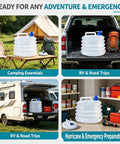 Portable Collapsible Water Container With Spigot For Camping And Road Trips shown in car, RV, and emergency settings