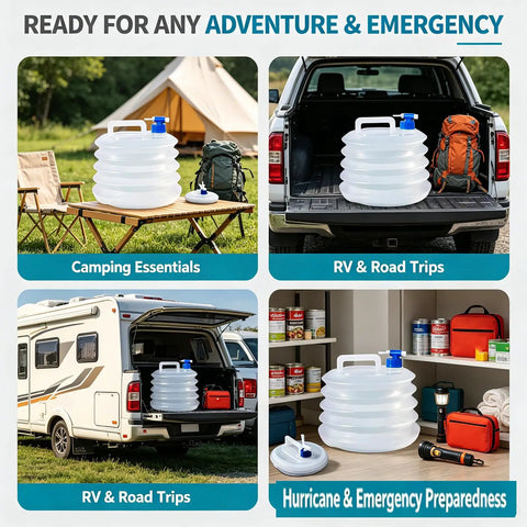 Portable Collapsible Water Container With Spigot For Camping And Road Trips shown in car, RV, and emergency settings