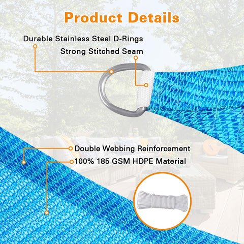 Close-up of Mixed Turquoise 14x30 Ft Sun Shade Sail Rectangle Canopy with D-ring and HDPE material details