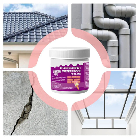 Hella Clear Invisible Waterproof Coating Spray For Walls And Roofs showing application on roofs, pipes, cement cracks, and skylight.