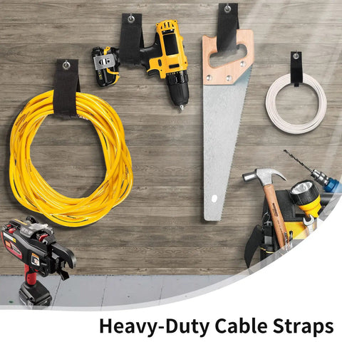 Heavy Duty Garden Tool Organizer Wall Mount Rack with tools and cables hanging, showing 48 inch three rail garage storage system