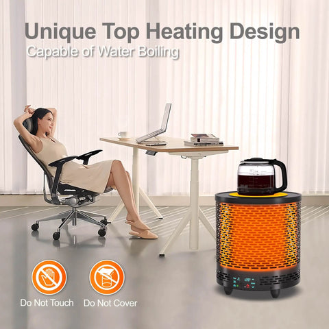 Voice Controlled 360 Degree Space Heater With 1500W Fast Heat near seated woman in office setting