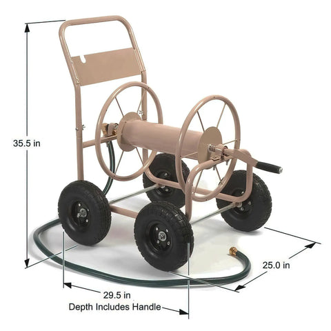 Beefy Four Wheel Hose Reel Cart With 300 Feet Of 0.625 Inch Hose, Steel Frame, Brass Fittings, Rugged Wheels, Built For Backyard Garden Or Lawn, Beige