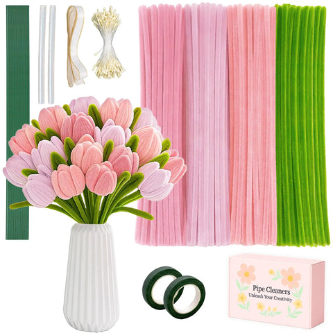 Ultimate Pipe Cleaners Craft Kit For DIY Flowers 400 Chenille Stems In Pink And Green With Floral Wire Stamens Ribbon Floral Tape Glue Sticks
