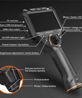 360 Degree Articulating Borescope With Five Inch Monitor And Four Way Joystick, 6.2mm Inspection Camera With Five Foot SemiRigid Snake Tube, HD Endoscope For Cars, Pipes And Gear with controls and ports visible