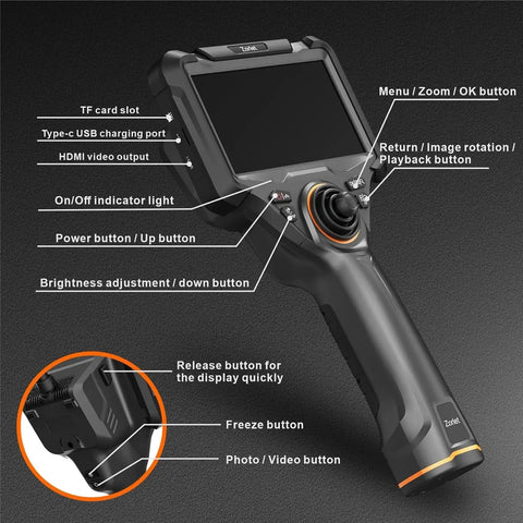 360 Degree Articulating Borescope With Five Inch Monitor And Four Way Joystick, 6.2mm Inspection Camera With Five Foot SemiRigid Snake Tube, HD Endoscope For Cars, Pipes And Gear with controls and ports visible