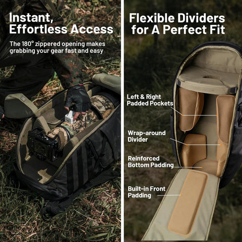 Pro Telephoto Lens Backpack For DSLR And Mirrorless Gear With 600 To 1200mm Support showcasing interior dividers and open access