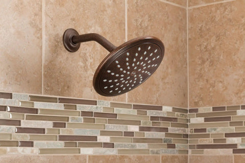 Oil Rubbed Bronze Bathroom Rain Showerhead, 8 Inch Fixed Rainfall Shower Head on tiled wall. One Half Inch IPS Connection, Model 6345ORB.