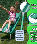 Child sliding down the 5ft double-walled blow-molded slide of Northridge Metal Swing Set With Five Seat Swing 500 Lb Capacity 32 Inch Saucer Swing Two Blow Molded Swings And Five Foot Slide Durable Six Foot Frame Backyard Playset For Kids Ages Three To Eight.