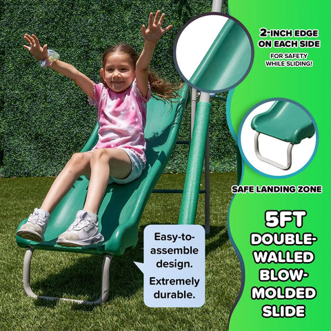 Child sliding down the 5ft double-walled blow-molded slide of Northridge Metal Swing Set With Five Seat Swing 500 Lb Capacity 32 Inch Saucer Swing Two Blow Molded Swings And Five Foot Slide Durable Six Foot Frame Backyard Playset For Kids Ages Three To Eight.