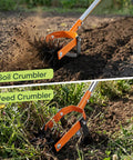 2 In 1 Rotary Garden Tiller And Weeder With Detachable Weed Knife in action, showing soil and weed crumbling on garden with stainless handle.