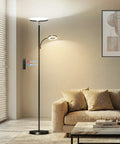 Upgraded 42W 4000LM LED Floor Lamp With Remote And Touch Dimming Lit Bright Standing Lamp in modern living room next to sofa.