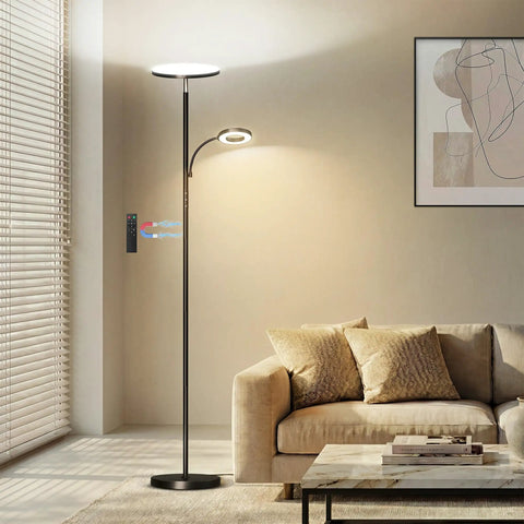 Upgraded 42W 4000LM LED Floor Lamp With Remote And Touch Dimming Lit Bright Standing Lamp in modern living room next to sofa.