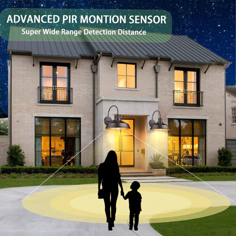 Infrared Motion Sensor Barn Lights Outdoor Wall Sconce Set For Farmhouse Exterior illuminating porch at night