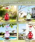Hummingbird Feeder Glass 26 Ounces Outdoor Hanging With Ant Moat 5 Flower Ports Rustproof And Leakproof Netted Flower Bud Bottle Red US Patent Design Keeps Bees And Ants Out For Real displayed in garden, yard, backyard, and balcony settings with hummingbirds.